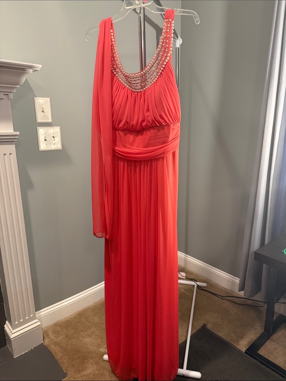 Elegant Coral One-Shoulder Wedding Dress with Beaded Neckline